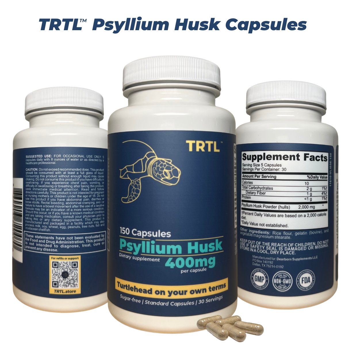 TRTL Psyllium Husk 400mg Capsules 150 Count